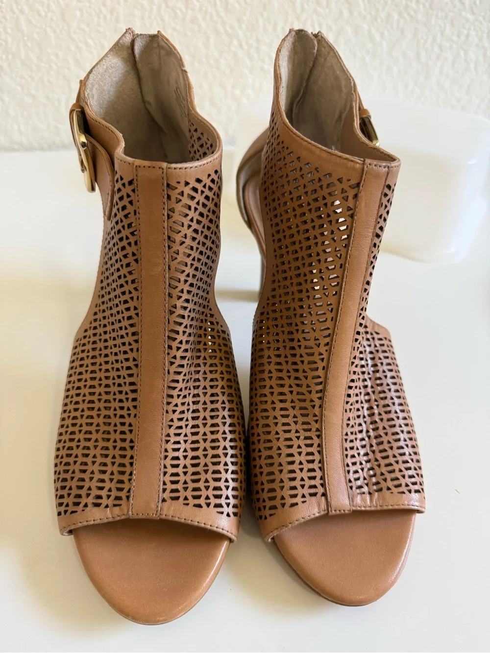 Audrey Brooke | Corrine Laser Cut Leather Heels | Peep Toe Bootie | 9.5